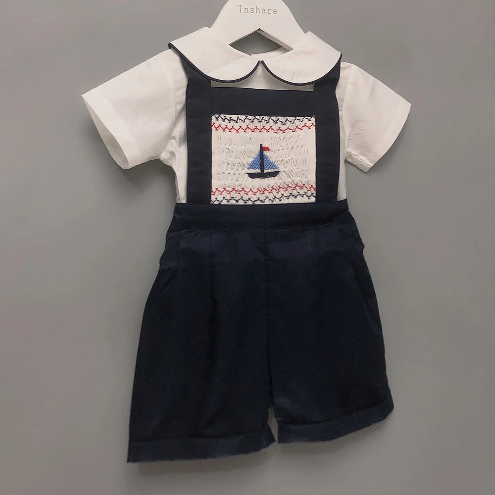 Children Boutique Clothing Boys Handmade Smocked Embroidered Dark Blue Suspender Trousers Set Cotton Short Sleeves For 9m-4T