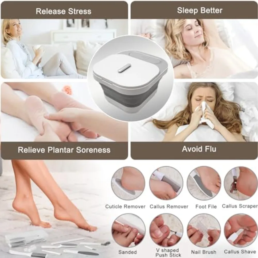 Banho dobrável para spa de pés com calor e rolos de massagem Kit de pedicure para pés com bolhas com controle de temperatura e luz vermelha