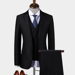 High-end Men's Fine Double Buckle Bright Black (suit + Vest + Trousers) Fine Workmanship Suit Business Slim-fit Three-piece Set