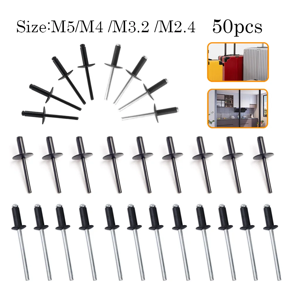

50Pcs Black Aluminum Blind Rivets M2.4 M3.2M4 M5, Dome Head Exhaust Rivets for Aluminum Sheet Steel Mandrel Fasteners