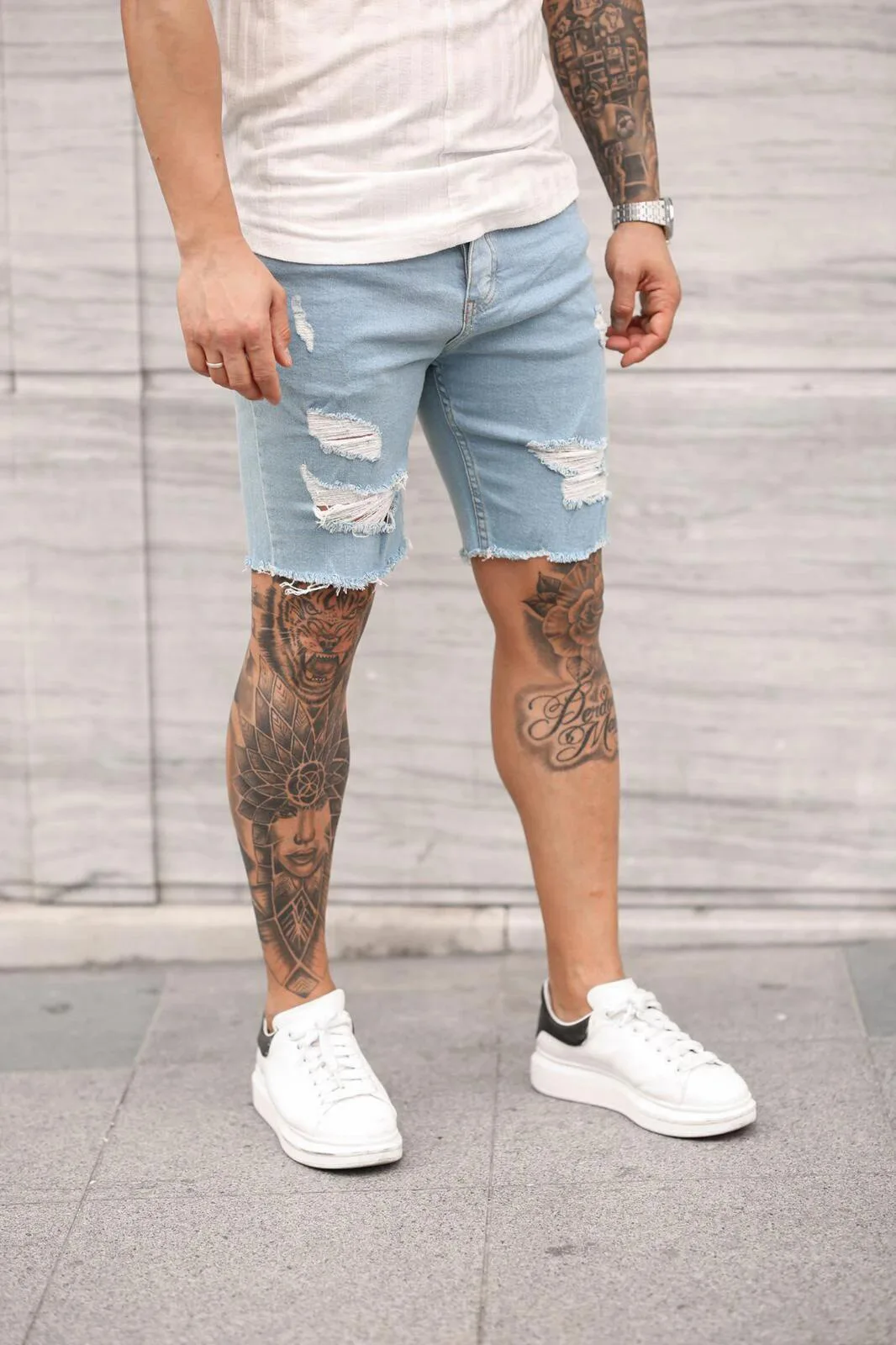 Men Jeans Distressed Denim Pants Washing Knee Length Slight Strech Slim Fit Mid Waist Pockets Solid Casual Zipper Fly 2024