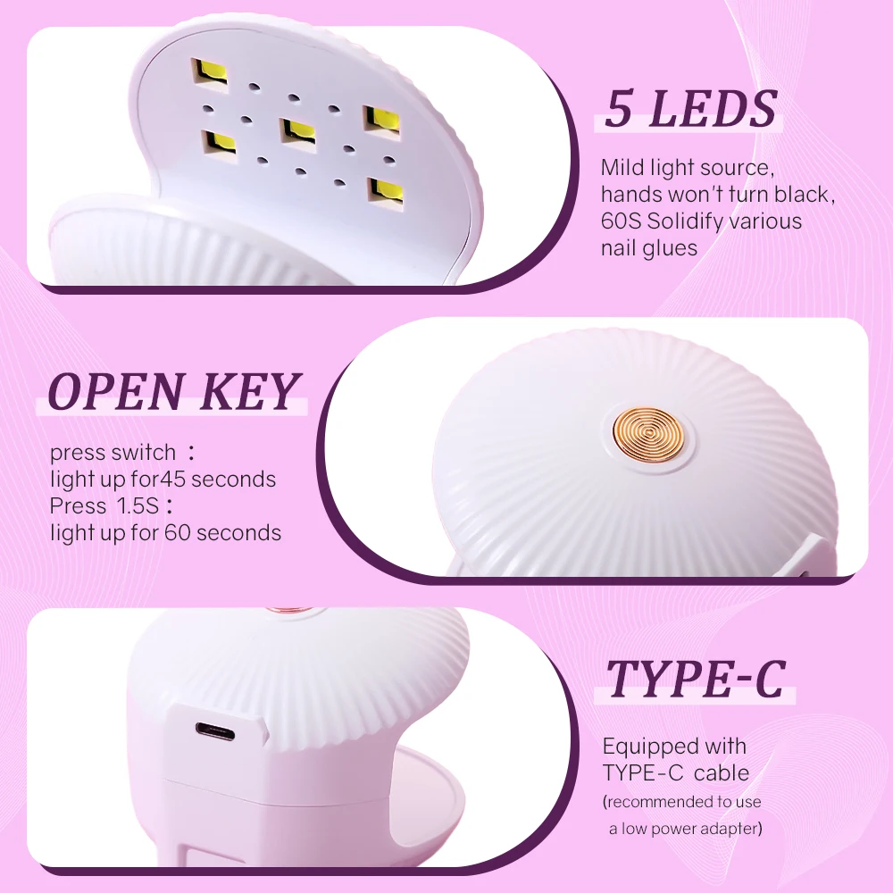 Mini lampa UV LED do paznokci Przenośna suszarka do paznokci Ładowanie USB Szybkoschnąca lampa do manicure do salonu paznokci Lampa do zdobienia paznokci w kształcie muszli