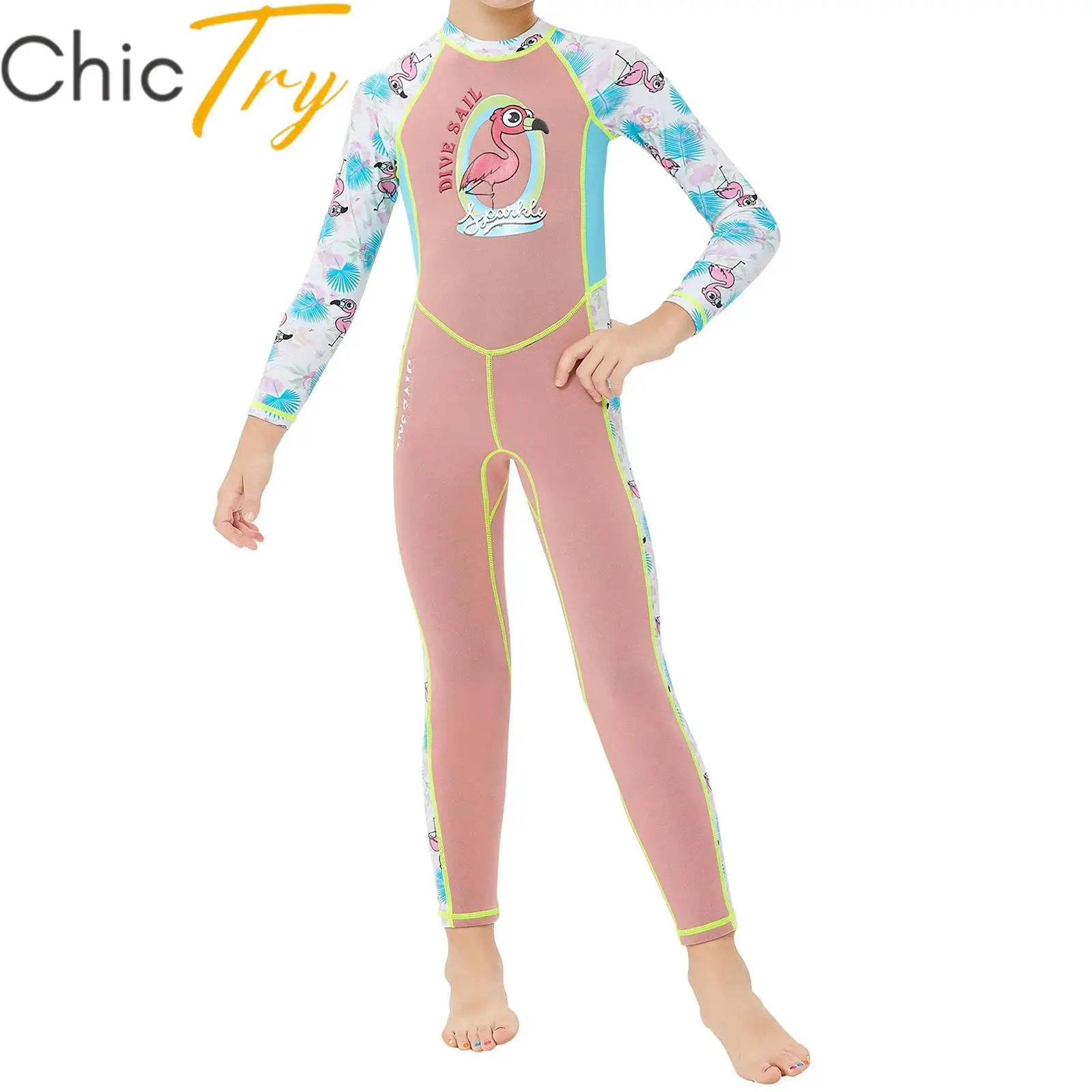 

Kids Girls One Piece Swimsuit 2mm Neoprene Wetsuit Bird Printed Full Body Swim Romper Long Sleeves Bodysuit Snorkeling Surfing