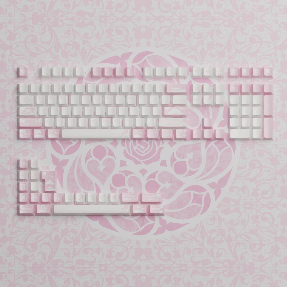 SoulRose White Sakura Pink Spring Theme Keycaps Set 130Keys Metallic Paint Backlit Premium Durable Anti-Grease Surface Keycap