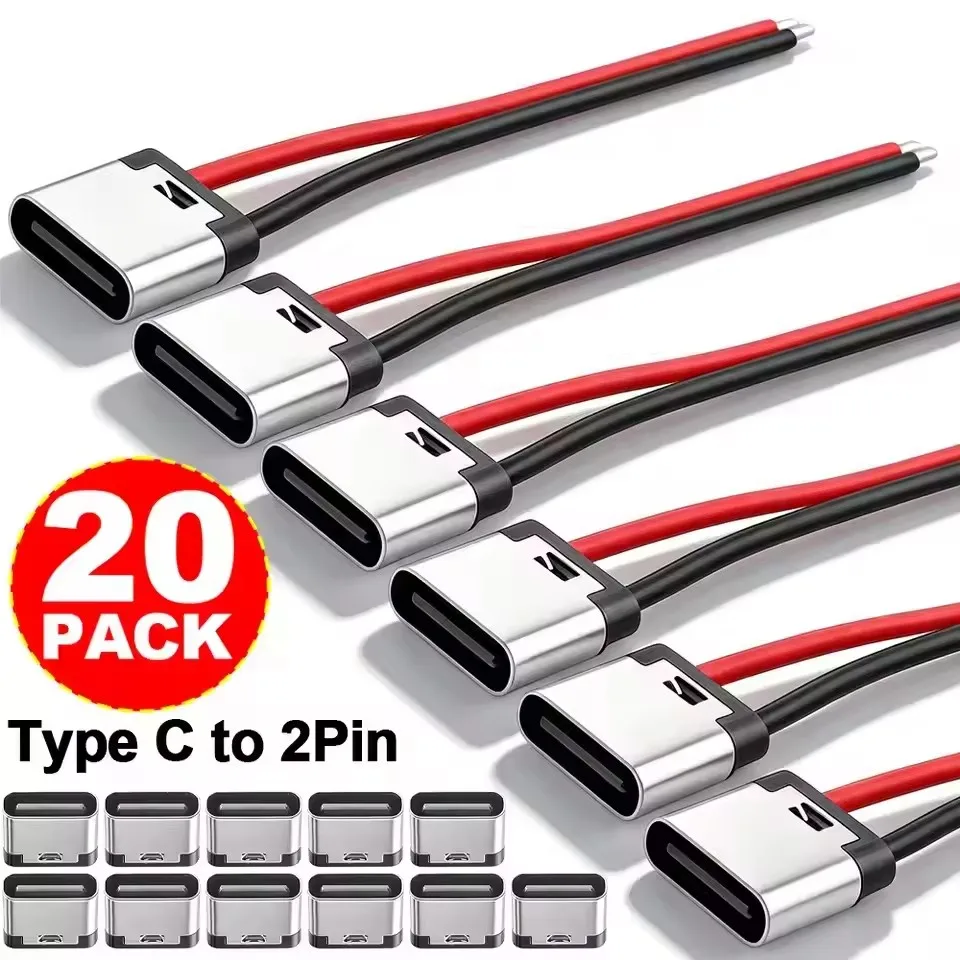 Bare Board Type-C Female Chassis Waterproof 2P Solder Wire USB C Pigtail Cable Extension Power Cable USB-C Plug To 2 Pin Wire