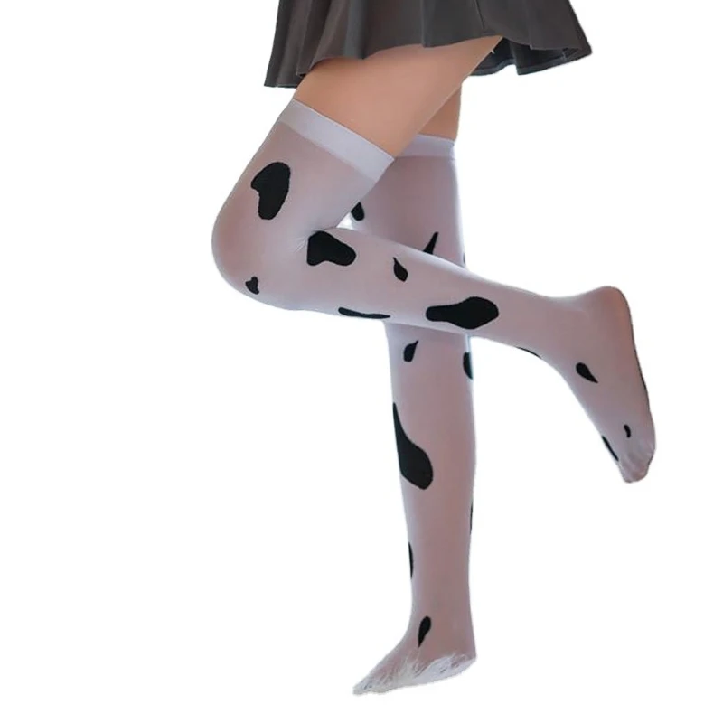 Women Sexy Cow Spotted Print Thigh High Stockings Silky Over the Knee Long Socks Hosiery Cosplay Costume