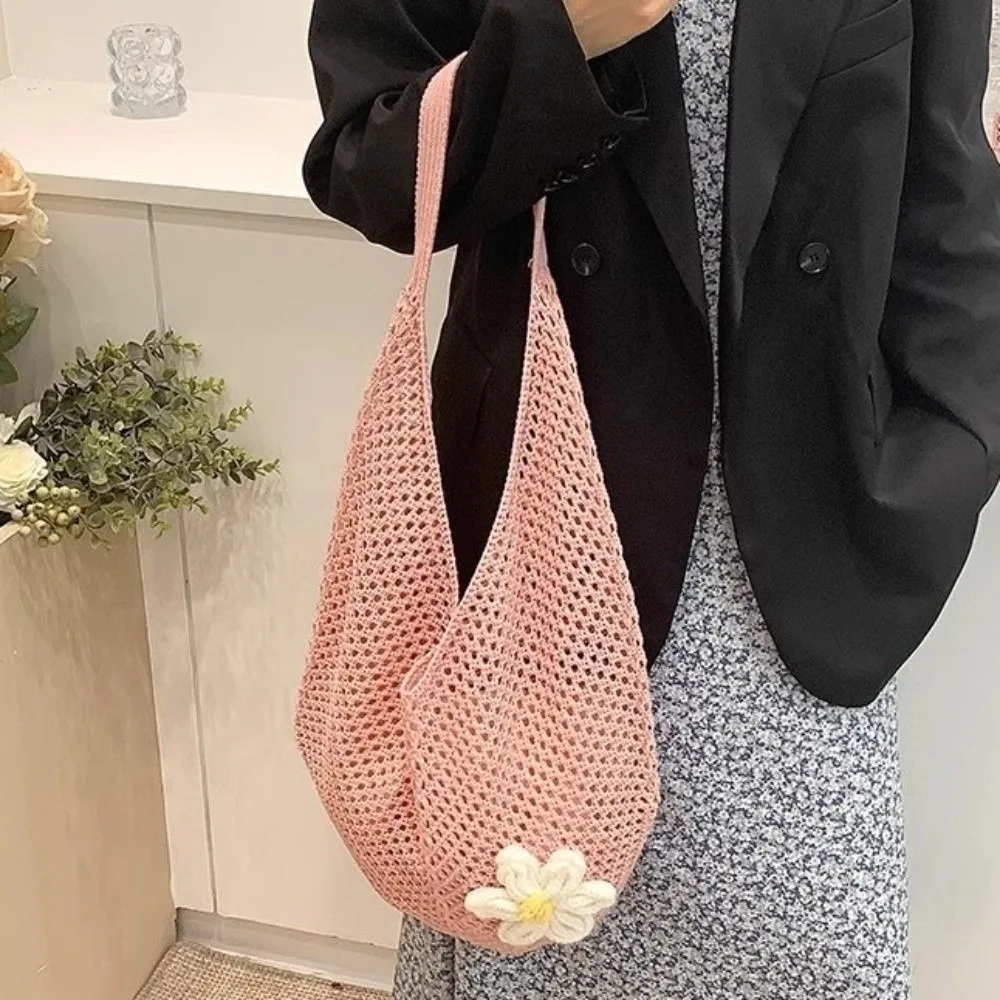 

Solid Color Knitting Shoulder Bag Flower Hollow Out Bohemian Crochet Tote Bag Large Capacity Versatile Casual Woven Handbag