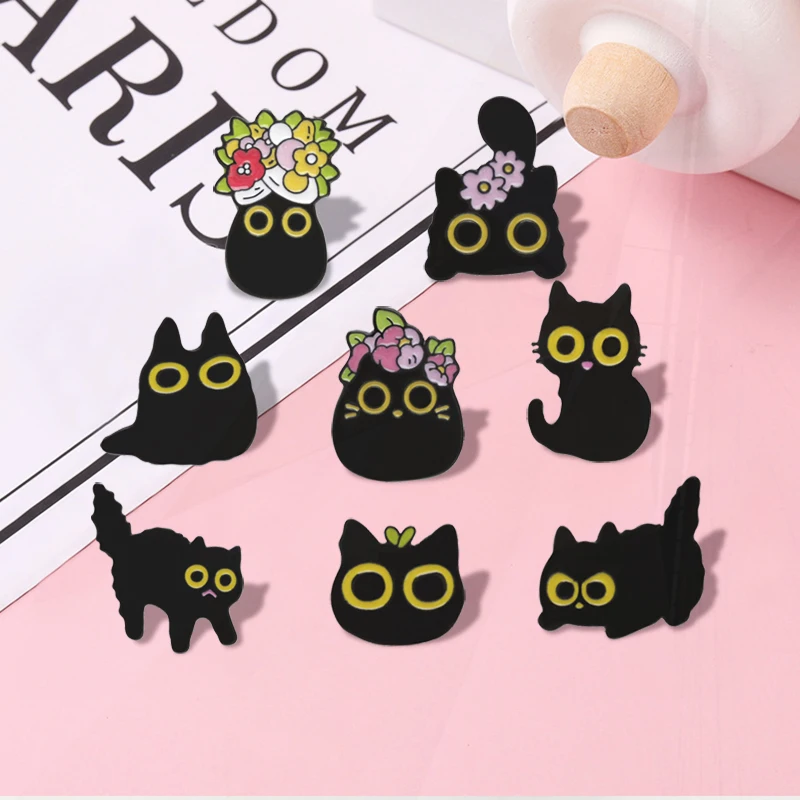 Pines Lapel Badges Floral Animal Cartoon Funny Jewelry Gift for Friends Black Cats Enamel  Brooch Custom Big Eyes Kitten