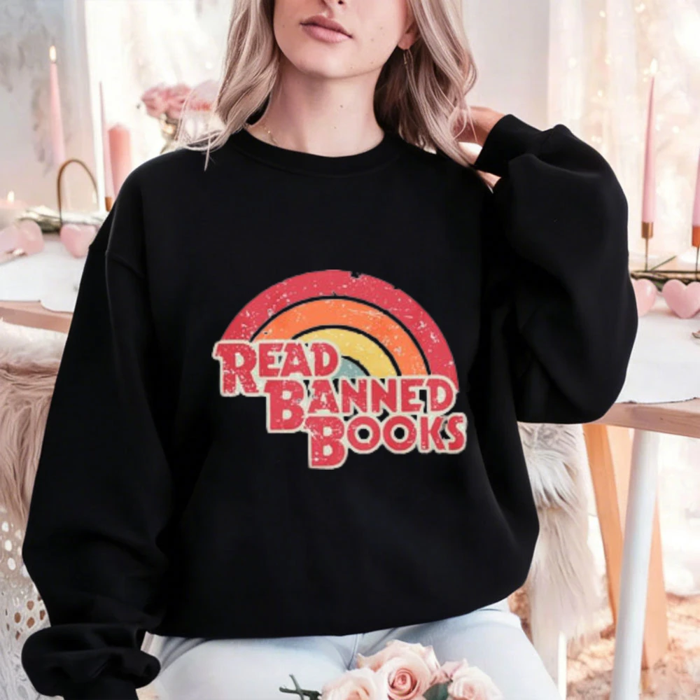 

Read Banned Books Retro Rainbow Sweatshirt – Black Graphic Pullover, Book Lover Gift for Anti Censorship Advocates and Readers