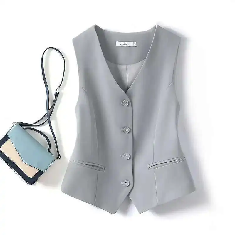 # Chaleco Corto Negro, Gris y Blanco 0714 para Mujer, Chaleco de Oficina de Un Solo Pecho, Chaleco Corto Fino, Ropa Exterior Femenina para Primavera y Verano