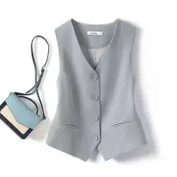 #0723 Black Gray White Short Blazer Vest Women Single Breasted Office Vest Coat Thin Short Vest Female Outerwear Spring Summer