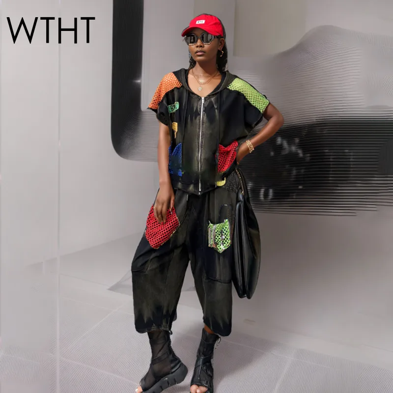 

WTHT Vintage Fashion Women's Patchwork Mesh Hollow Out Hooded Denim Vest Elastic Waist Harem Jeans Female 2025 Summer 1LS1660
