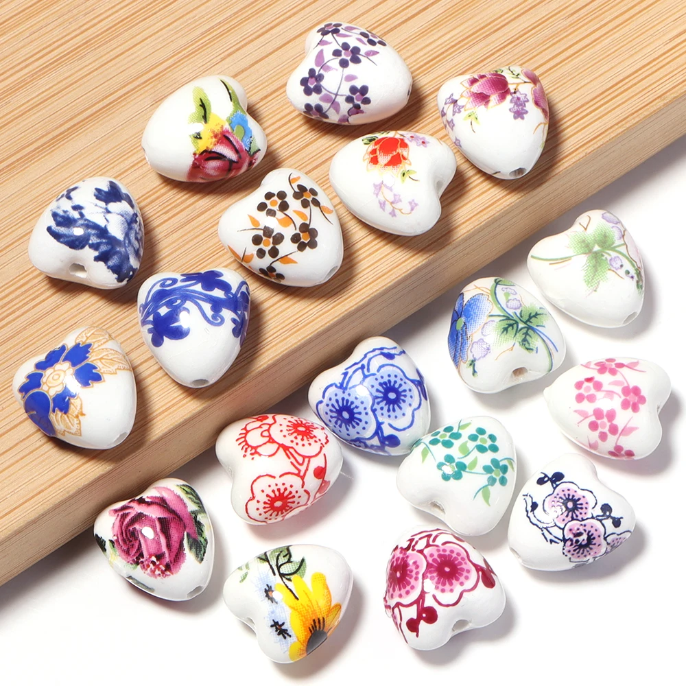 10pcs 12x13mm Heart Shape Ceramic Beads Flower Patterns Loose Spacer Bead for Jewelry Making DIY Necklace Bracelet Findings