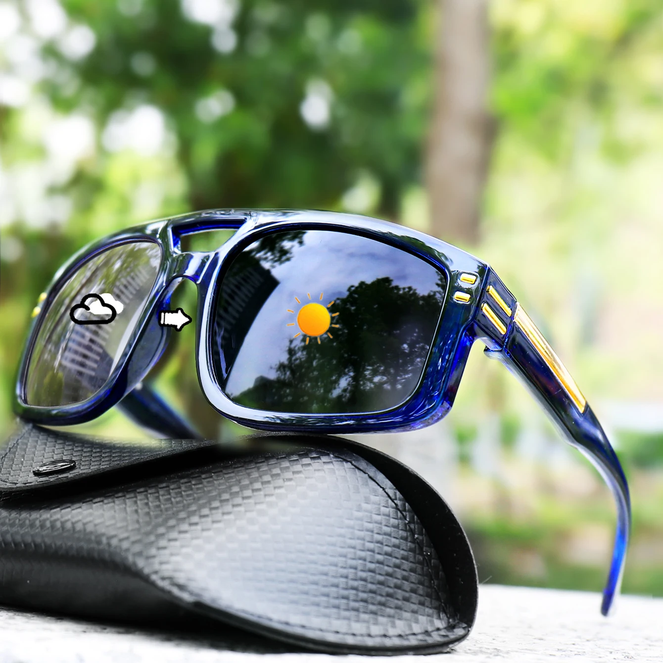 Photochrome Freizeit-Sonnenbrille, Unisex, quadratisch, winddicht, für Outdoor-Sportarten, Radfahren, Laufen, Wandern, mit Etui