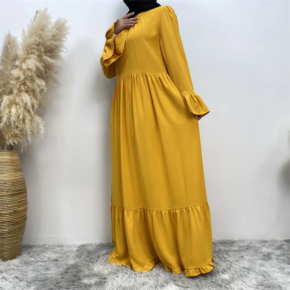 Muslim women long sleeve ruffled robe vest dress Arab Dubai Turkey new fashion simple casual patchwork women\'s long dress