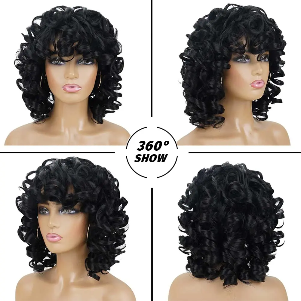 14 polegada curto encaracolado perucas para preto feminino grande encaracolado peruca com franja cor natural destaque afro kinky cachos cabelo sintético diário