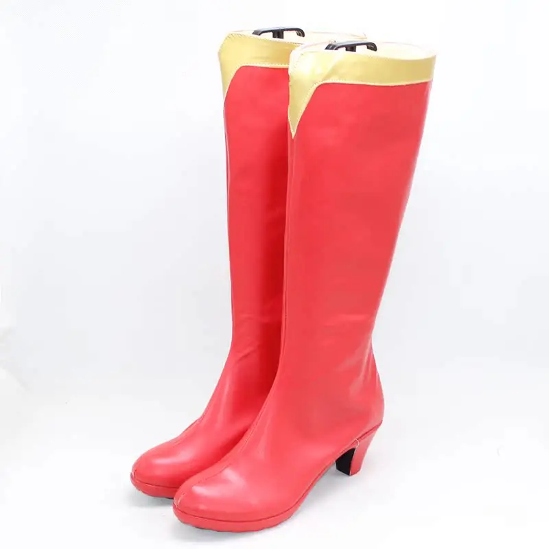 코스프레 신발 슈퍼우먼 부츠 슈퍼 걸스 슈퍼 히어로 할로윈 파티 레드 PU 가죽 부츠 액세서리 맞춤 제작