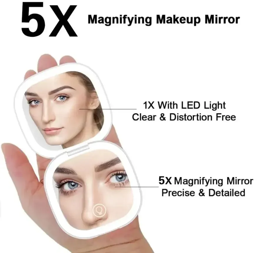 2 Zijkanten Touch Compacte Led 3 Kleuren Mini Opvouwbare Cosmetische Lading Make-Up Spiegel Met Licht 5x Vergrotende Kleine Zak Reizen