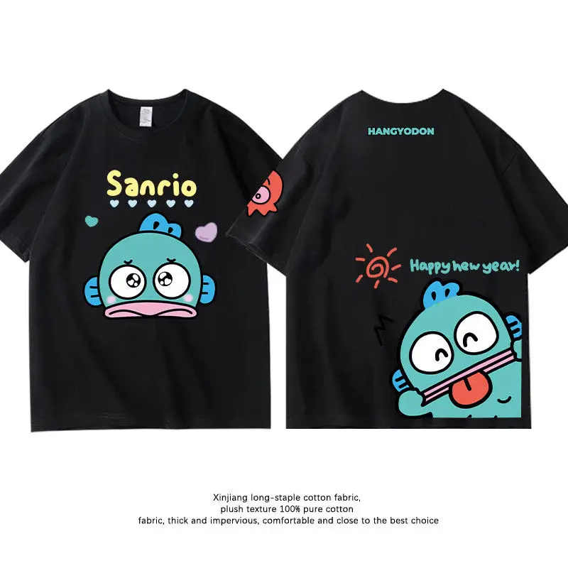 

Черная детская футболка из 100% чистого хлопка Sanrio Hanton Ugly Fish с двусторонним принтом, модный комплект для родителей и детей, стильный топ.