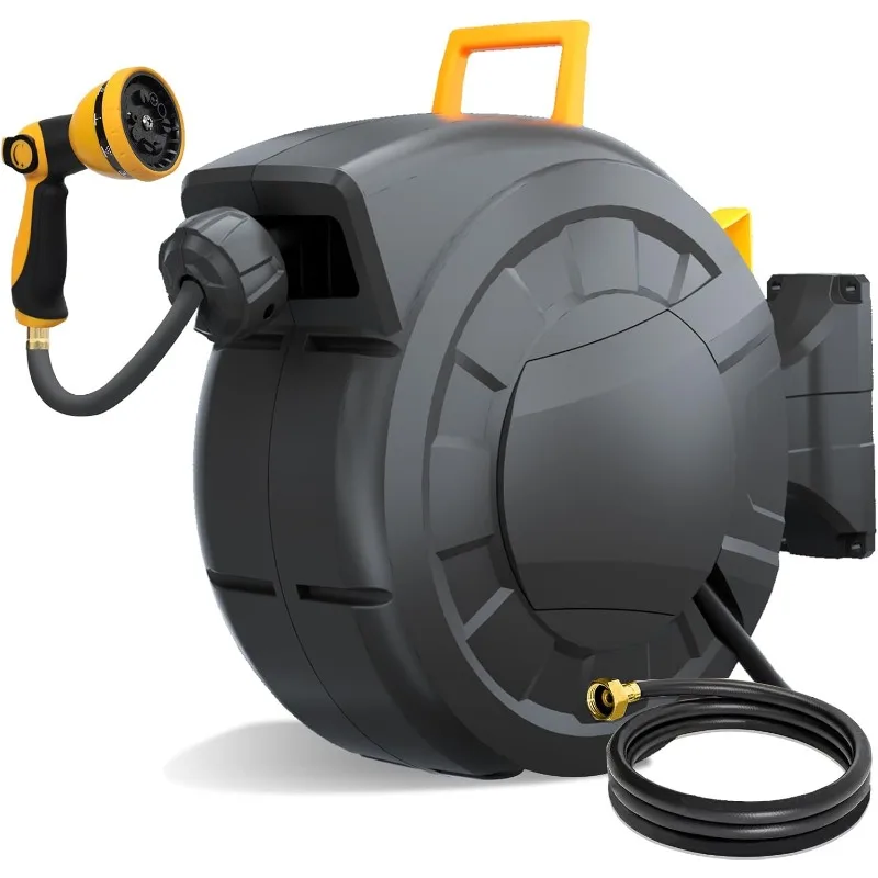 

1/2 in x 65 ft Wall Mount Water Hose Reel with 10 Pattern Nozzles, Any Length Lock, Slow Return System, 180°Swivel Bracket