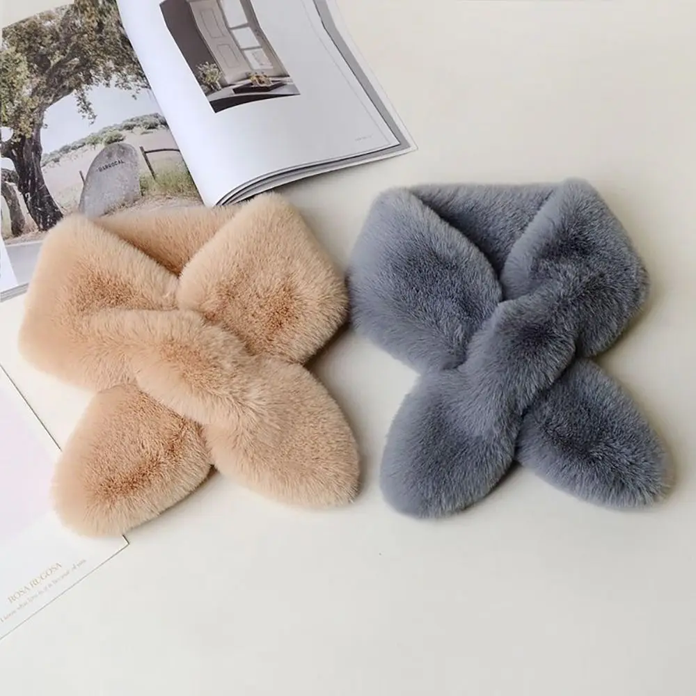 منديل التفاف شتاء دافئ بلون الصليب وشاح فرو الأرنب الصناعي رشاقته وشاح للرقبة منديل التفاف النساء