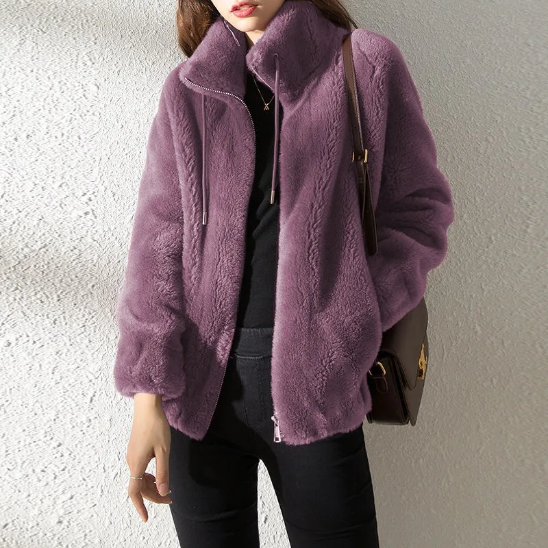 

Fleece Jacket Women Short Coat Spring Autumn Warm Stand Collar Long Sleeve Jacket Korean Fashion Hoodie Female Zipper Fur Coats