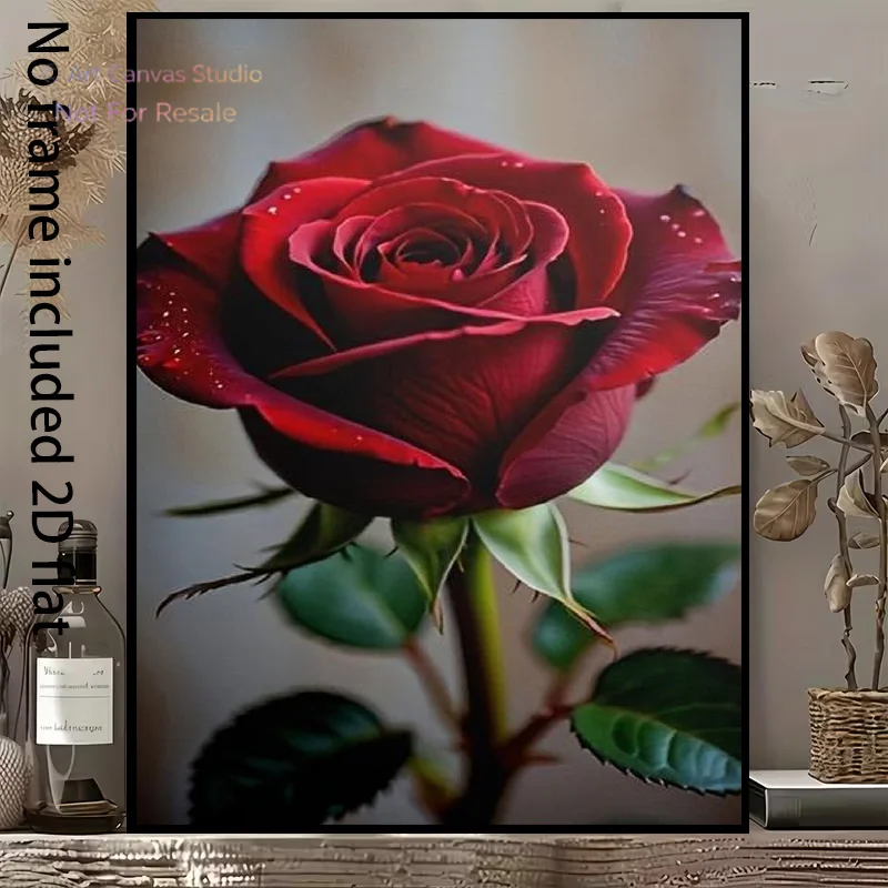 2D Flat, 2D Flat, A Delicate Canvas Painting of Deep Red Roses, with Water Droplets Shimmering on The Petals Under Soft Light