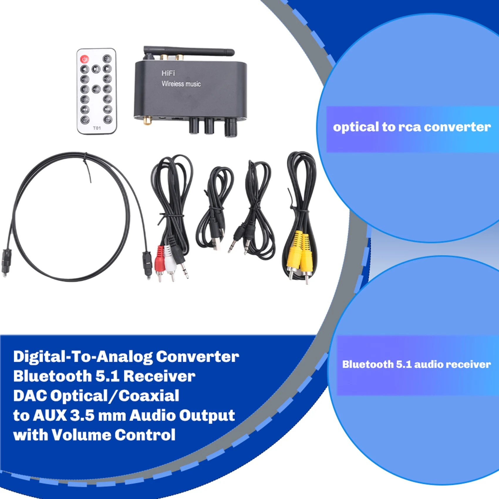 DT21 Bluetooth 5.1 Receiver DAC Digital-to-Analog Converter Optical Coaxial to AUX 3.5mm Audio Output with Volume Control