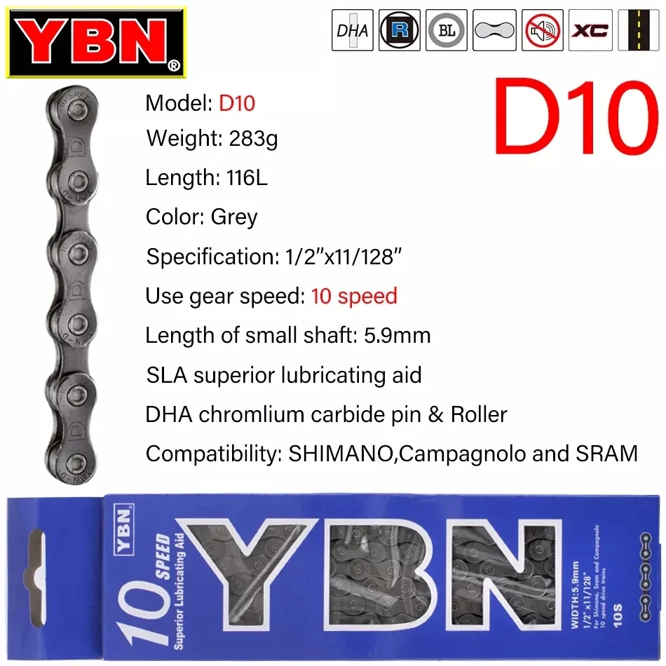 YBN Bike Chains MTB Mountain Road Bike Chians 10 Speed Hollow Bicycle Chain 116 Links Silver D10S for M7000 XT