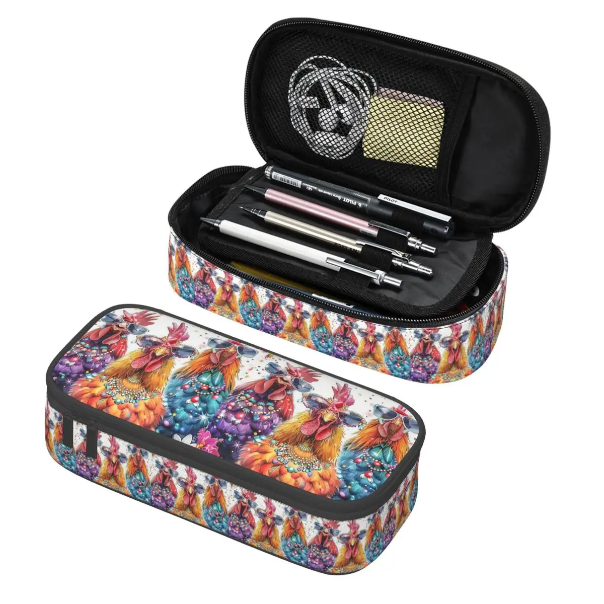 

Пеналы для карандашей и ручек с изображением петуха и курицы в солнцезащитных очках, вместительные, для хранения канцелярских принадлежностей, для студентов