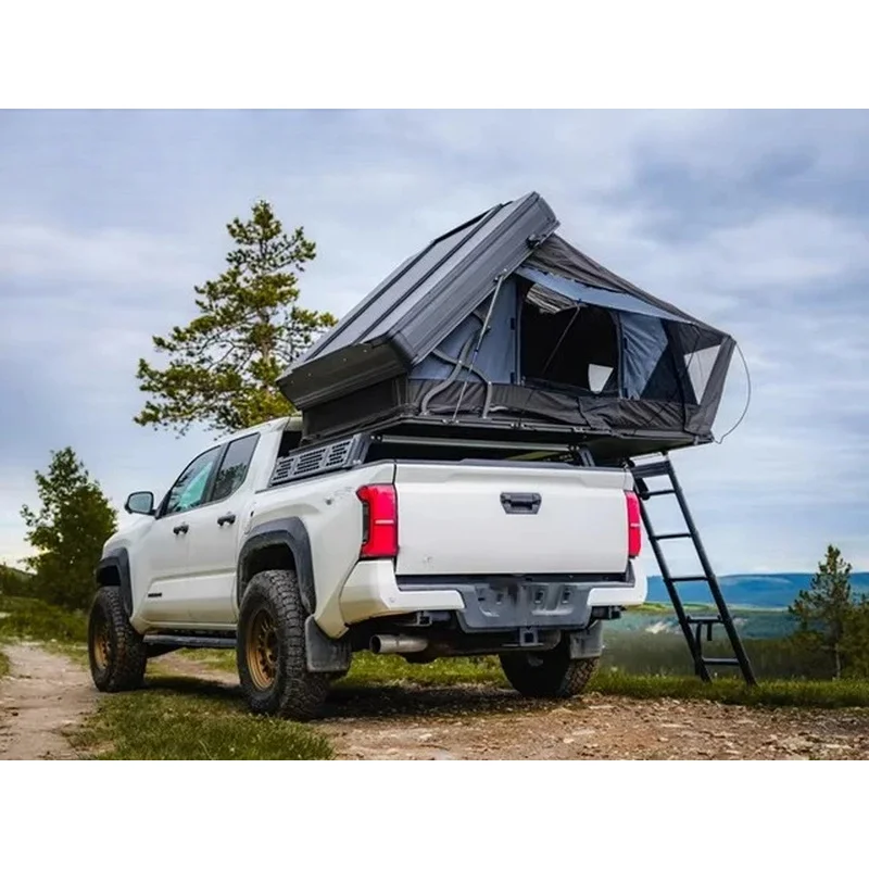 ENJOIN 2-Person 4-Season Waterproof Hard Shell Roof Top Aluminum Poly Cotton Hydraulic Overlanding Tent Ladder Quick Open
