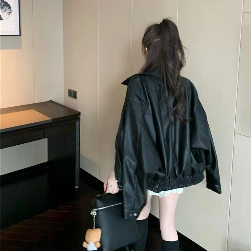 بارد ort السائق الجلود Jaet Bla الرجعية طوق ملابس خارجية للنساء الخريف الشتاء Faion Sli معطف جلد صناعي