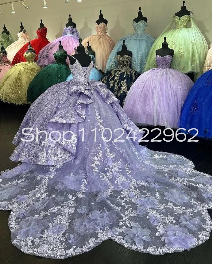 Vestido de quinceañera de lujo Lila lavanda, lentejuelas brillantes, apliques hechos a mano, corsé de flores, vestido de quinceañera