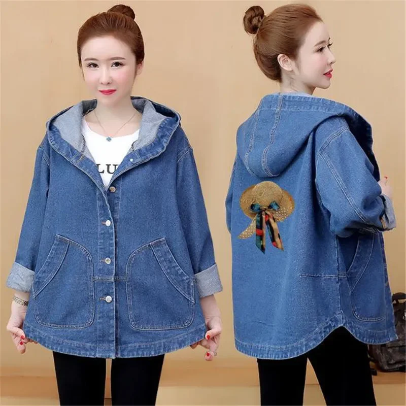 Oversized Denim Jacket Women\'s Hooded Coat Spring Autumn Loose Female Back Printed Jeans Jacket Plus size Casual Student Outwear