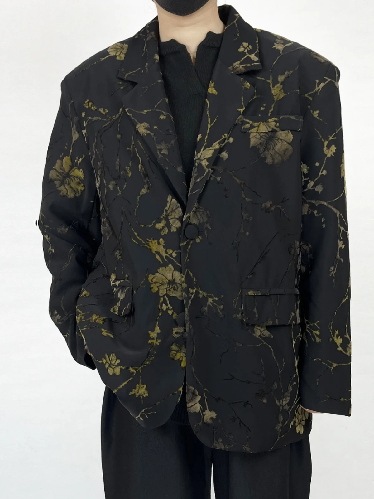 2025 Spring New Suit Jacket Men's Chinese Design Flower Over Size Men's Trendy Loose Long Sleeve Blazers Male Small Suit Jackets
