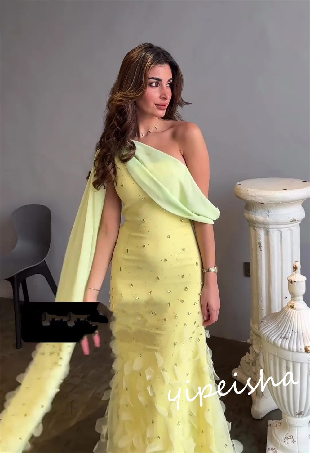 Customized Evening Sexy Casual Jersey Beading Pleat Ruched Birthday A-line Off-the-shoulder Bespoke Occasion Gown Midi Dresses