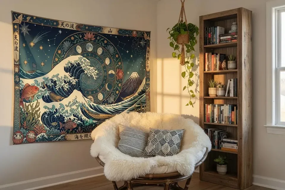 VIKAMA Kanagawa Wave Moon Phase Tapestry Japanese Ukiyo-i Background Decorative Wall Cloth Room Decoration W260821