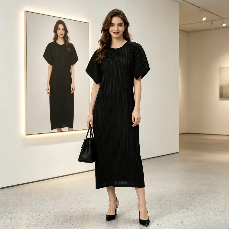 Miyake Pleated 2026 Women's Dress High-end Feel Round Neck Loose Black Slimming Mid-length Dress Casual Versatile Skirt Summer