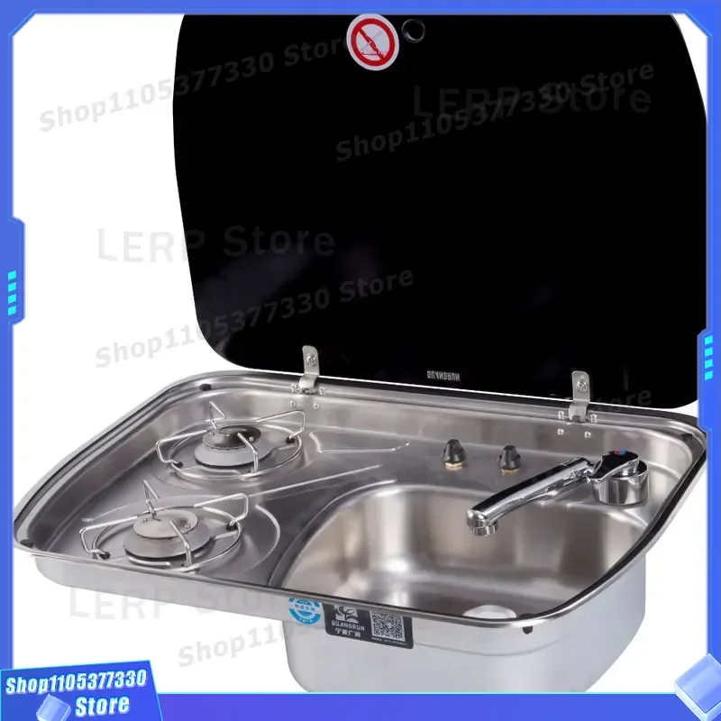 RV Camper Sink Cooker Combo 2 Burner Stove with Tempered Glass Lid Built in for Boat Yacht Marine Kitchen Compact Design