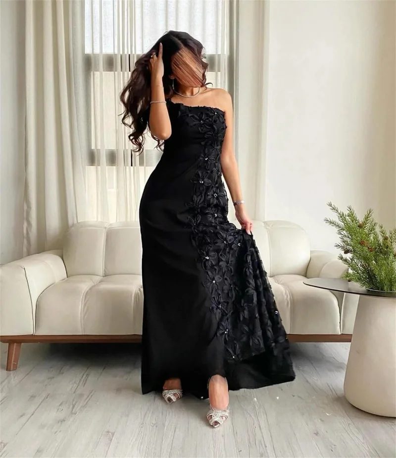 2024 Evening Woman Gala Prom Black Off the Shoulders 3D Flowers Elegant Plus Size Party Dresses for Special Occasions