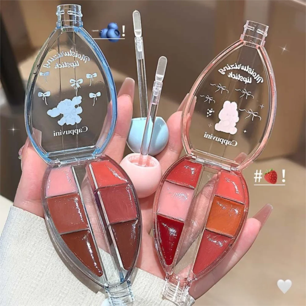 Fashion 6-Color Lip Tint Mirror Crystal Jelly Silicone Lip Brush Lip Gloss Makeup Palette Moisturizing Lip Makeup Gift