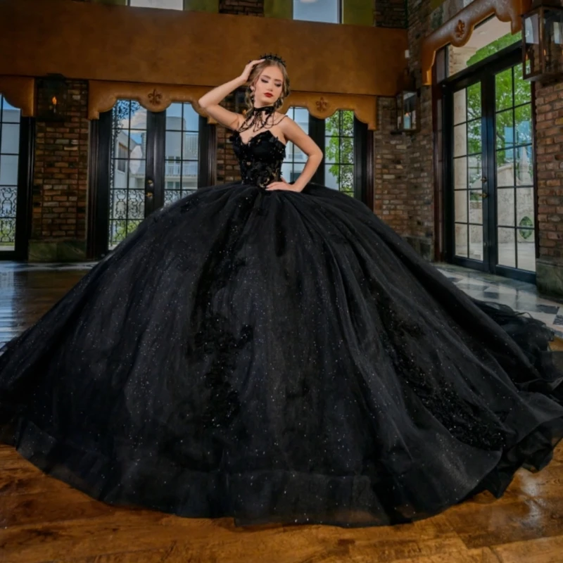 

Black Shiny Quinceanera Dresses Off The Shoulder Applique Lace Beading Tull Corset Party Birthday Sweet 16 Dress Vestidos 15 De