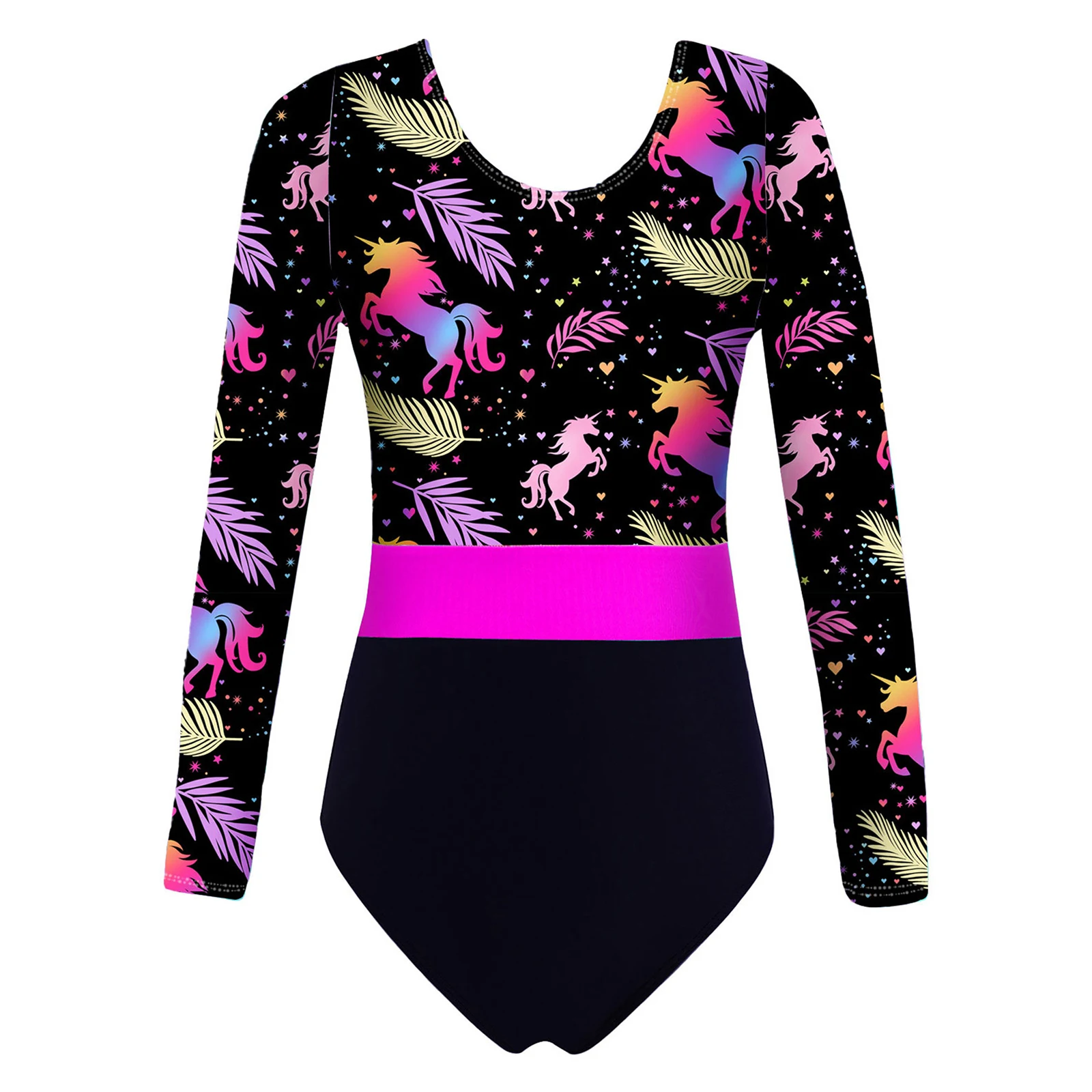 Kids Girls Long Sleeve Printed Gymnastics Leotard with V-front Waistband Shorts Performance Dancewear Childs Ballet Dance Outfit