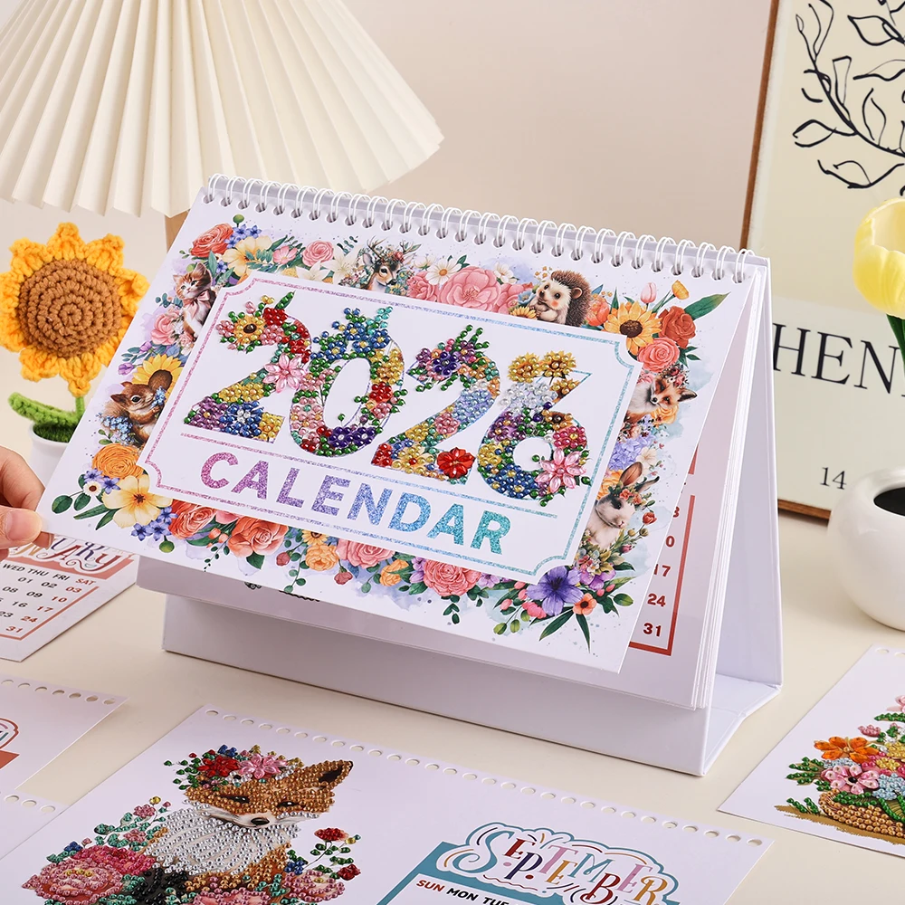 

2026 Diamond Calendar Set 13 Pcs Flower And Animal Diamond Painting Kit DIY Handmade Calendar With Irregular Shaped Diamonds