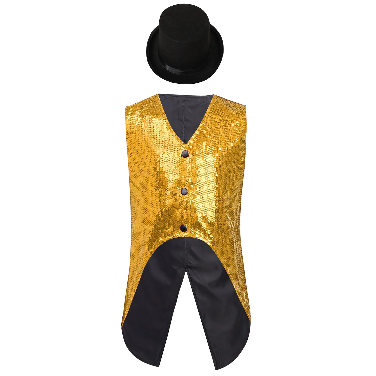 

Kids Boys 2Pcs Outfit Sleeveless Asymmetrical Hem Sparkly Sequins Vest with Hat for Jazz Dance Birthday Party Stage Performance