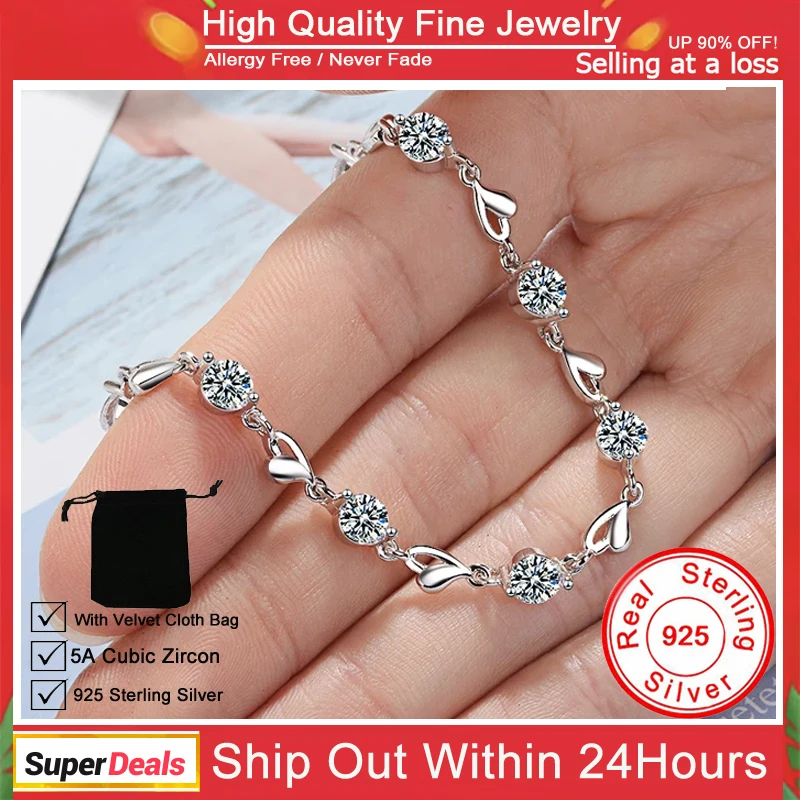 

YHAMNI New 925 Sterling Silver Love Heart Bracelets For Women Natural Cubic Zircon Bracelet Party Fine Jewelry Gift