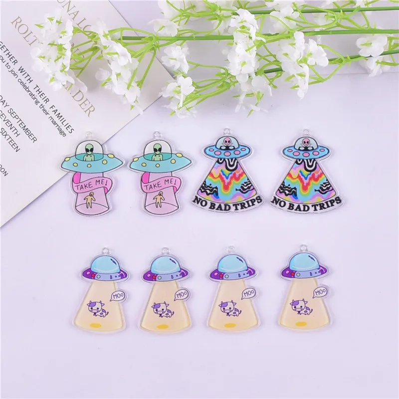 10pcs/set Mix Style Cow UFO Spaceship Acrylic Charms Pendant Jewelry Making Craft DIY