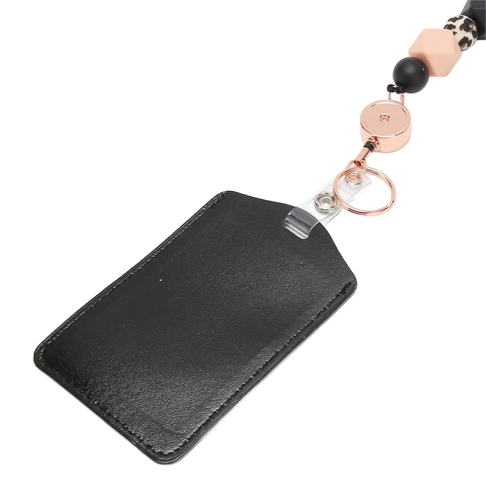 Retractable Silicone Beaded Lanyard Flesh Pink/Pink/Purple/Grey PU Material ID Badge Holder with Lanyard Comfortable Neck Strap