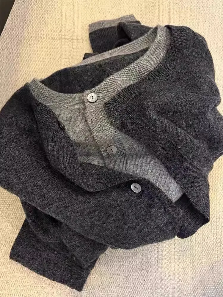 Fake two 100% pure cashmere sweater cardigan dark grey high-grade wool knit coat top