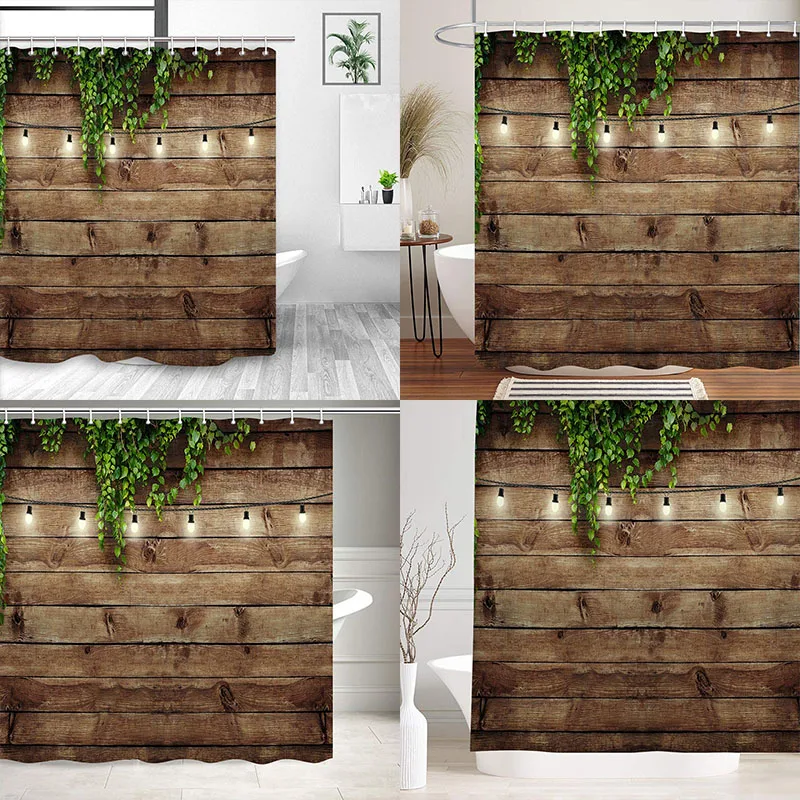 Vintage Rustic Wooden Board Door Shower Curtain, Green Leaves On Farmhouse Country Wood Plank, Waterproof Polyester Fabric